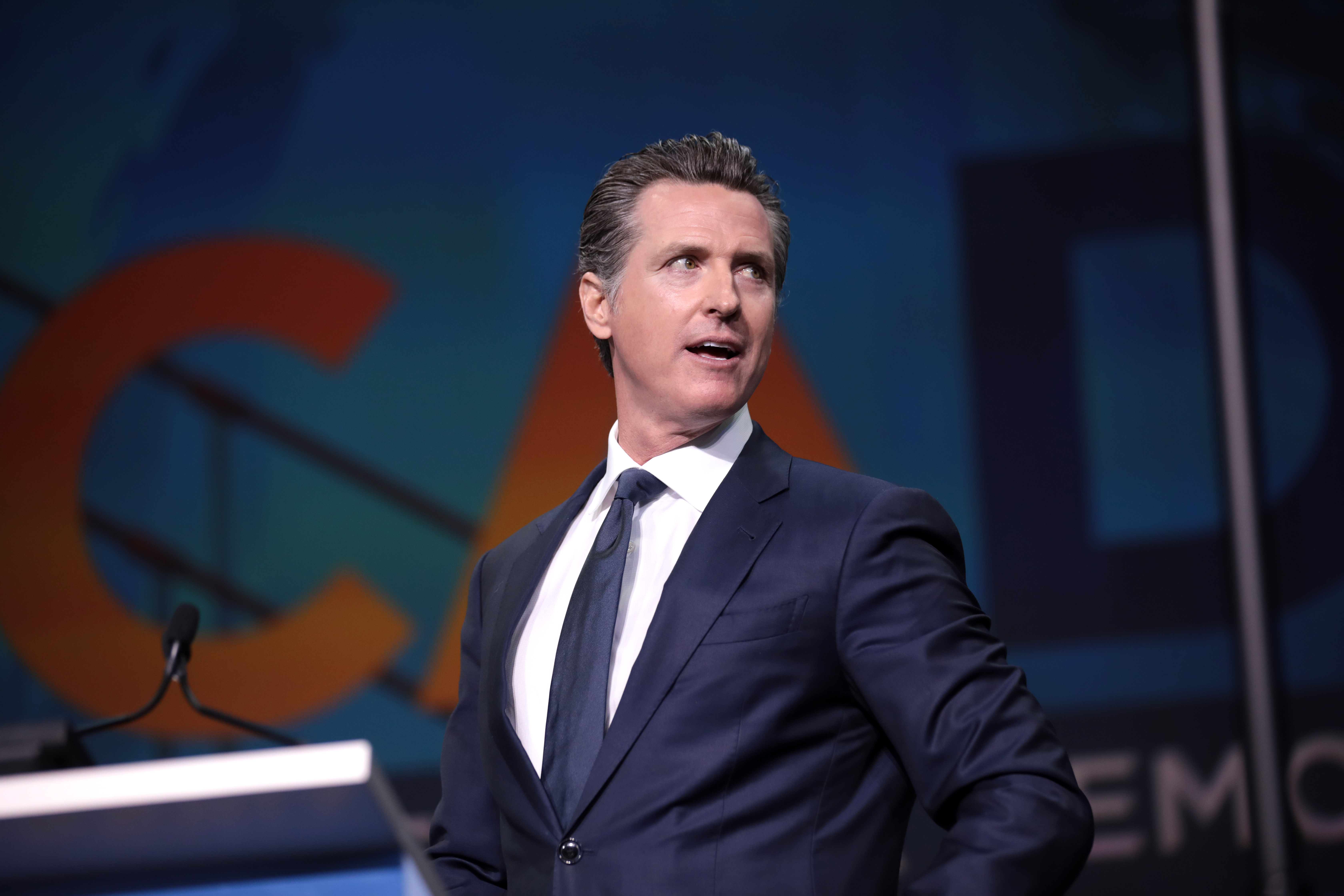 Governor Gavin Newsom speaking with attendees at the 2019 California Democratic Party State Convention at the George R. Moscone Convention Center in San Francisco, California.