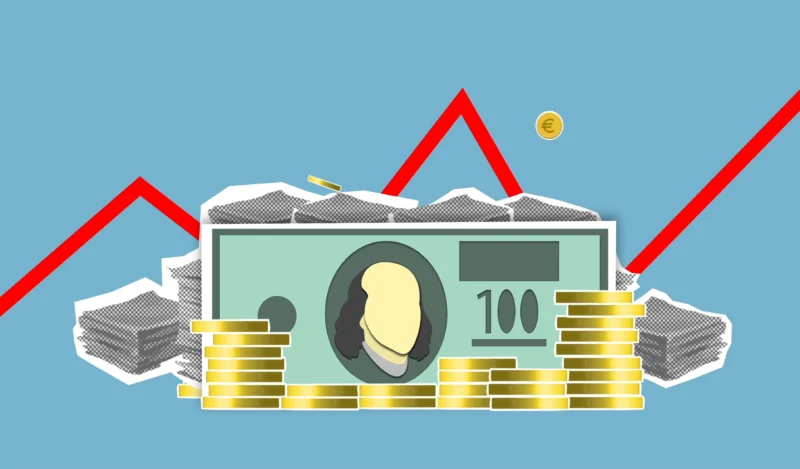 Illustration depicting financial growth with money, coins, and a rising graph.