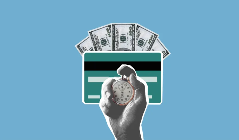Creative collage illustrating time, money, and finance with a stopwatch and credit card.